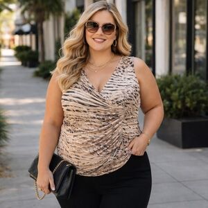 Frank Lyman Stretchy Animal Print Surplice Sleeveless Top Ruched Draped Blouse